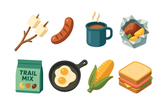 Camping food essentials, breakfast, coffee, grilling, flat vector illustration