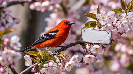 Fototapeta premium A vibrant red Scarlet Tanager bird with black wings perches on a blooming cherry blossom branch with a blank sign.