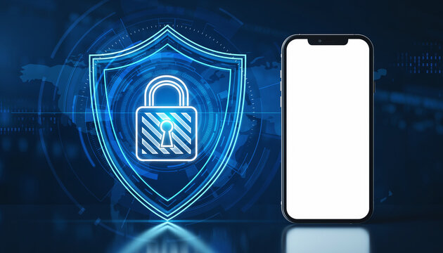 Smartphone Security: A digital depiction of a smartphone next to a glowing security shield with a padlock icon, symbolizing data protection and privacy in a digital age.