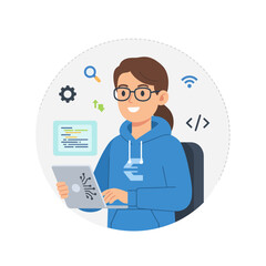 Woman coding on a laptop with digital design elements