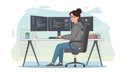 Woman coding on a computer with multiple monitors at desk