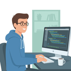 Young man coding at a computer with cheerful expression