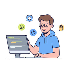 A happy young developer programming on a computer desktop