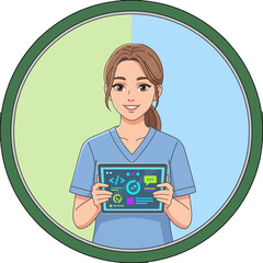 Smiling woman holding tablet displaying a coding interface