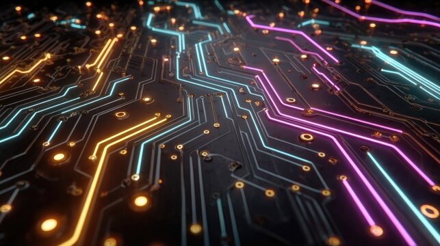 Neon circuit background glowing with motherboard lines and connections, stylized digital pattern in neon for tech visuals or science interfaces