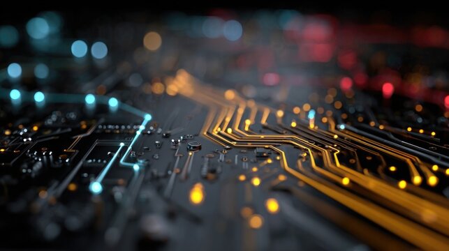 Neon circuit background glowing with motherboard lines and connections, stylized digital pattern in neon for tech visuals or science interfaces