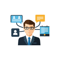 Businessman with glasses and speech bubbles representing communication