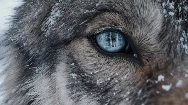 Close-up of wolf eye reflecting a snowy forest