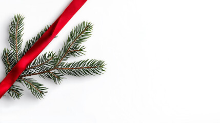 Obraz premium Evergreen branch with a red ribbon on a white background creating copy space