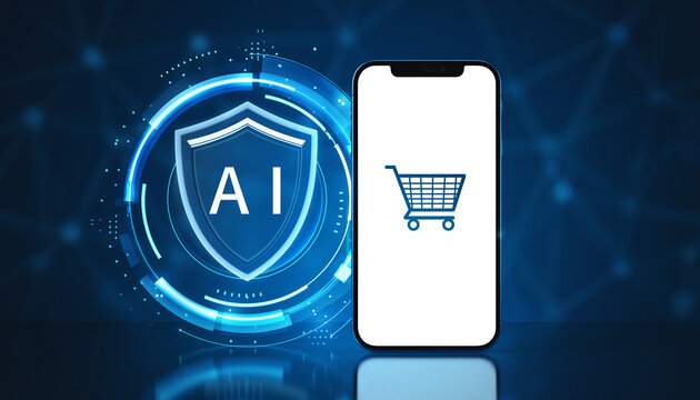 Secure AI Shopping Experience: A futuristic digital illustration of an intelligent online shopping experience.