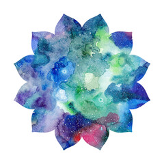 Illustration of mandala shape. Multicolored colorful watercolor texture, background. Oriental ethnic asian lotus flower symbol sign, chakra silhouette. Blue green colors.