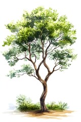 Watercolor painting depicts a solitary deciduous tree with lush green foliage against a stark white background
