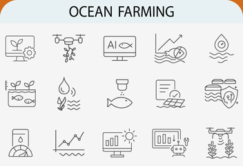modern ocean farming line icon set, sustainable aquaculture technology vector illustration