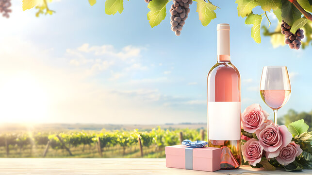 A gift box with a bouquet of pink roses lies next to a glass of wine and a bottle of wine on a wooden table beneath hanging bunches of grapes against a backdrop of vineyards and a sunny sky