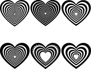 Flat vector illustration of concentric hearts, love symbols, romantic design, abstract heart shapes, black and white art, vector graphics.