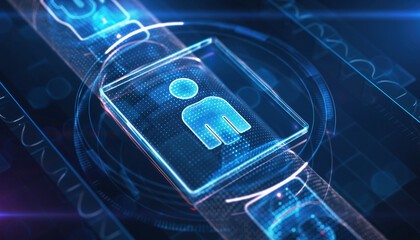 Digital Identity: A glowing blue interface visualizes the concept of digital identity, with a human icon at the center, representing the modern connection and interaction.