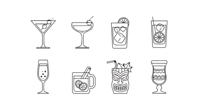 Collection of eight distinctive tropical cocktail drinks in silhouette style