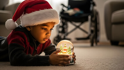 Boy in santa hat looks at christmas snow globe with wheelchair in background on transparent background