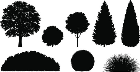 Tree and Shrub Silhouette Vector Set: Conifer, Deciduous, and Bush Graphics for Landscape Architecture and Nature Design