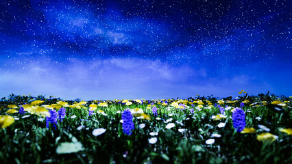 Naklejka premium Colorful wildflowers blooming in a fairytale meadow under a night sky filled