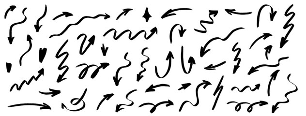Freehand arrow doodles with bold highlight accents, hand-drawn brush strokes and marker texture. Arrow shapes, soft highlight lines, brush marks and marker details add playful scribble energy.