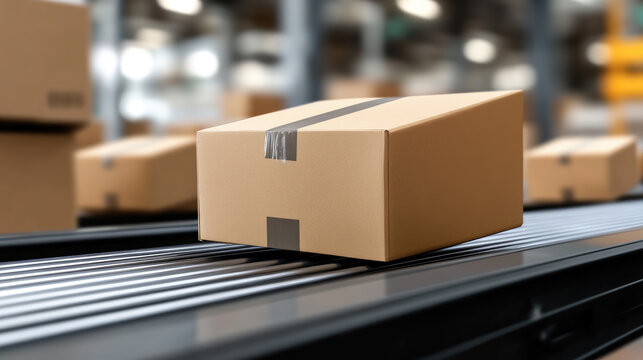 Cardboard box moving on an automated conveyor belt system in a modern warehouse, symbolizing efficient logistics, shipping, distribution, and global supply chain operations