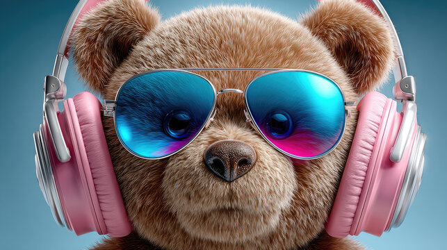 Fluffy brown bear character wearing trendy pink headphones and stylish blue reflective sunglasses, embodying a cool and playful music lover concept