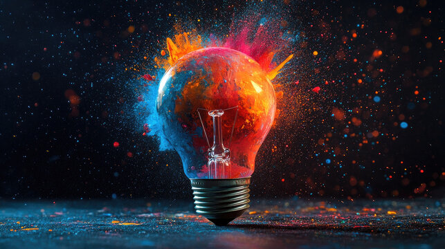 Light bulb exploding with vibrant colorful paint and powder, representing innovation, bright ideas, creativity, artistic expression, big bang, inspiration, and discovery