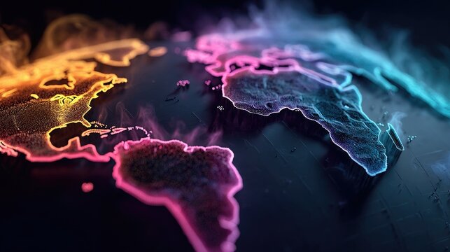 Neon climate change glowing with global heat maps and CO2 visuals, stylized environmental science illustration in neon for educational use
