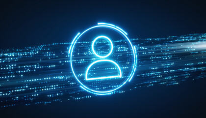 Digital Identity: Futuristic digital illustration showcasing a glowing human silhouette within a circular frame, symbolizing the essence of digital identity.