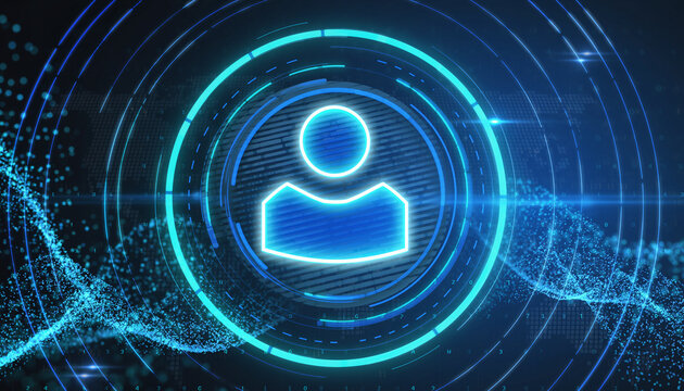 Digital Identity in Futuristic Realm: A glowing digital icon of a person is at the core, representing the essence of individuality amidst a complex web of data and connections.