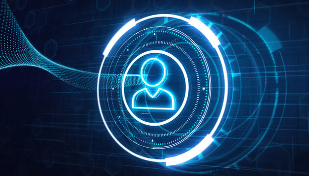 Digital Identity Visualization: A striking digital representation of identity, with a user icon at the core, enveloped by a futuristic interface, signifying technology, security, and connectivity.