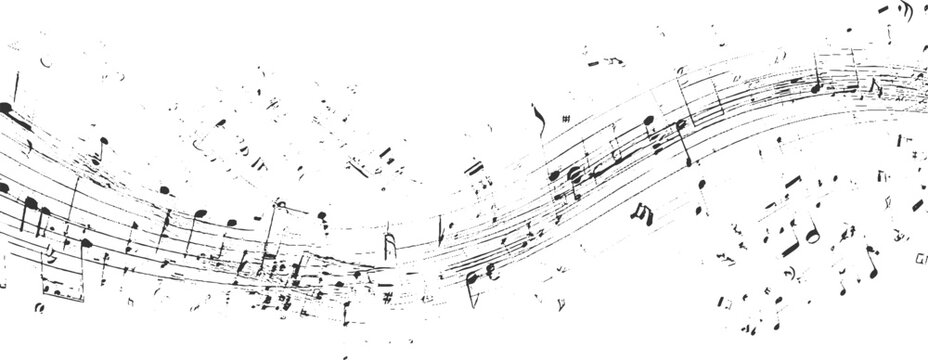 Black and white abstract musical score with swirling notes and staves vector