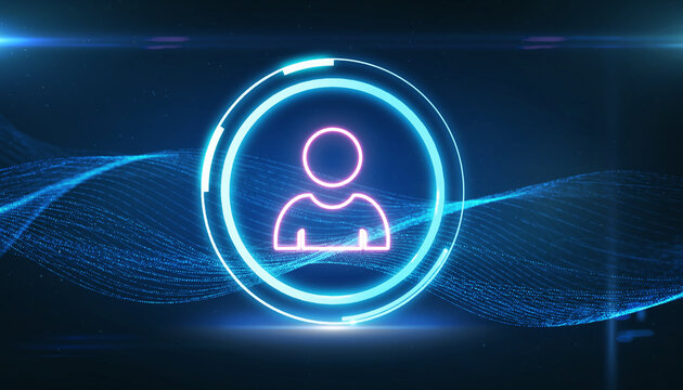 Digital Avatar Concept: A glowing avatar icon floats against a backdrop of flowing digital waveforms, symbolizing virtual identity and connection.