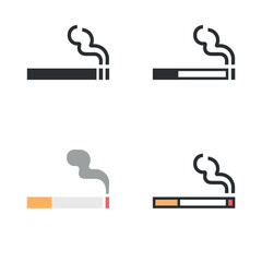 Cigarette icon set, tobacco smoke sign on white background