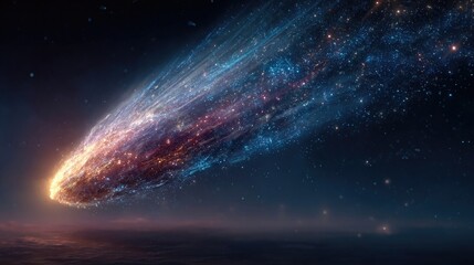 Neon comet illustration glowing with electric tails, vibrant space object in glowing neon art style flying through cosmic background