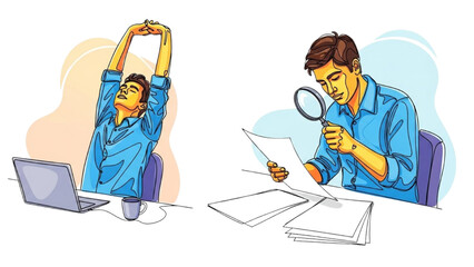 Colorful Continuous Line Art of Office Workers Stretching and Reviewing Documents – Modern Black Outline Illustration