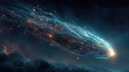 Fototapeta premium Neon comet illustration glowing with electric tails, vibrant space object in glowing neon art style flying through cosmic background