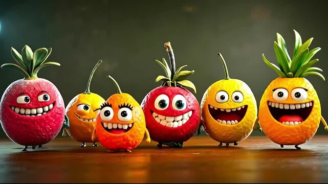 A group of fruit characters with big smiles on their faces