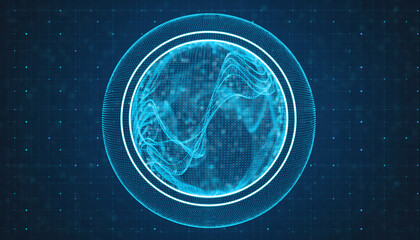 Cosmic Blueprint: A captivating digital depiction of the cosmos, presented as a radiant blue sphere enclosed within elegant concentric rings, suggesting an essence of energy and limitless boundaries.