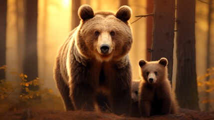 Fototapeta premium A mother bear and her cub in a forest setting.