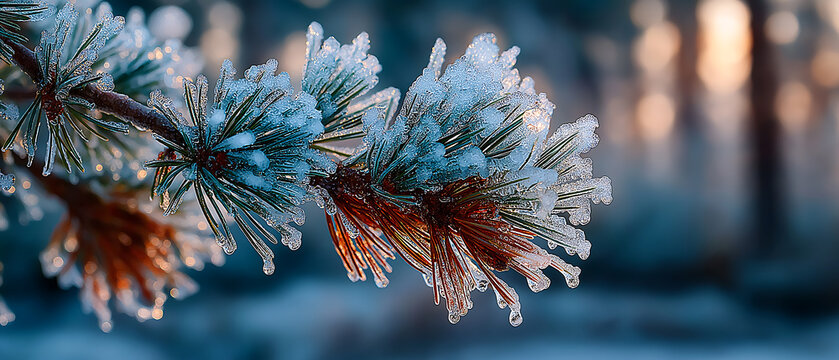 A close up of a pine branch covered in ice crystals on a winter day light