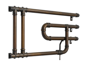 Plumbing pipes form abstract, industrial-style decor