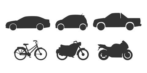 CAD Drawings.  Side view vehicle set silhouette &mdash; sedan car, compact car, pickup truck, bicycle, scooter, motorcycle isolated on white background. Vector illustration.