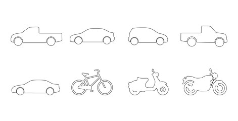 CAD Drawings.  Vehicle set outline. sedan car, compact car, pickup truck, bicycle, scooter, motorcycle isolated on white background. Vector illustration.