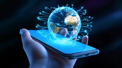 Futuristic slow motion shot of a glowing digital Earth network emerging from a smartphone screen, symbolizing worldwide connectivity, global business, and AI technology. Seamless Loop. - Powered by Adobe