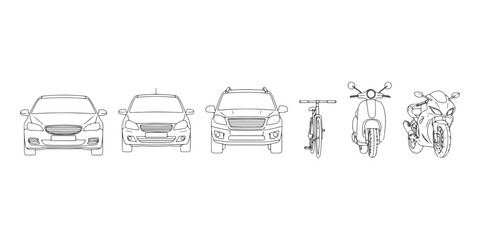 CAD Drawings.  Vehicle set. Front view. Sedan car, compact car, pickup truck, bicycle, scooter, motorcycle isolated on white background. Vector illustration. © MkJutt