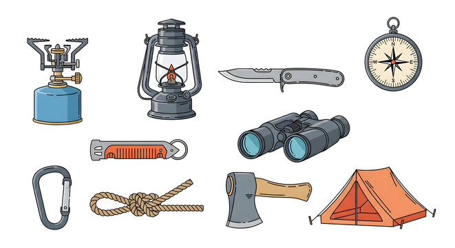 Camping Essentials: A Collection of Adventure Ready Gear, including compass, lantern, knife and tent perfect for navigating the wilderness.