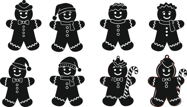Gingerbread man silhouette set, festive cookie characters, holiday candy cane props, Christmas icing design, seasonal vector icons, cheerful dessert graphics