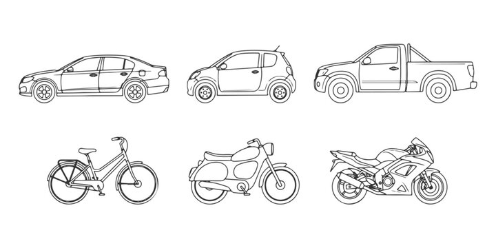 CAD Drawings.  Side view vehicle set &mdash; sedan car, compact car, pickup truck, bicycle, scooter, motorcycle isolated on white background. Vector illustration.